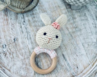 Adorable Baby Girl Whimsical Bunny Woodland Crochet Baby Rattle Toy
