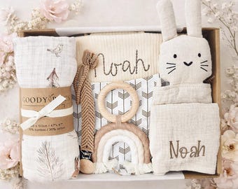 Gender Neutral Woodland Themed Baby Gift, Embroidered Bunny Blanket