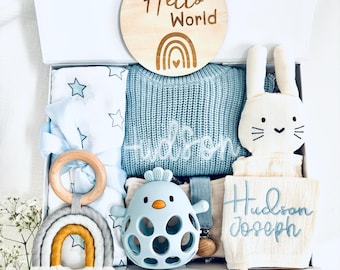 Deluxe Baby Boy Gift Box, Personalized Organic Cotton Sweater, Bunny Lovey