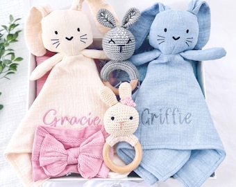 Twins Gift Box – Organic Cotton Outfits, Bunny Lovey Blankets, Rattles, Headband, Bib