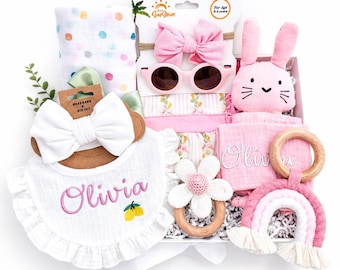 Personalized Baby Girl Lemon Gift Box, Embroidered Bib, Lovey, Sunglasses, Rattle