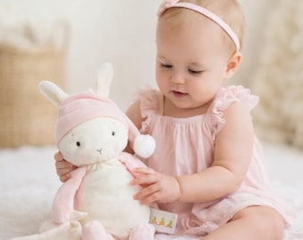 Personalized Sleepy Blossom Bunny with Embroidered Name, Easter Plush Bunny