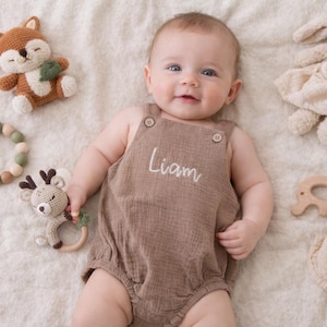 Personalized Embroidered Organic Cotton Baby Romper - Brown Summer Outfit