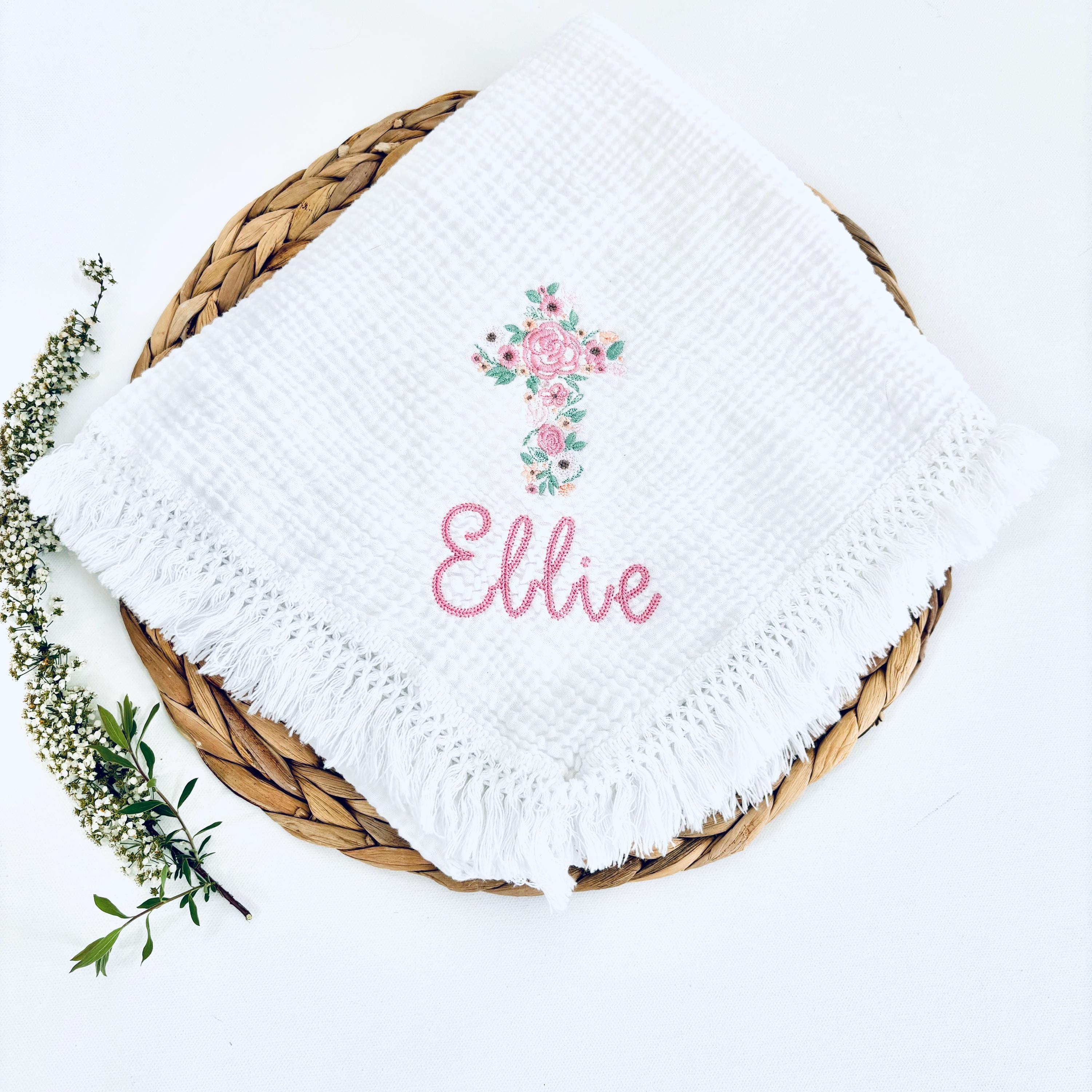 Baptism Baby Blanket, Embroidered Baptism Christening Blanket, White Fringe Baby Blanket, Personalized Baptism Gift, Floral Cross Baby Gift