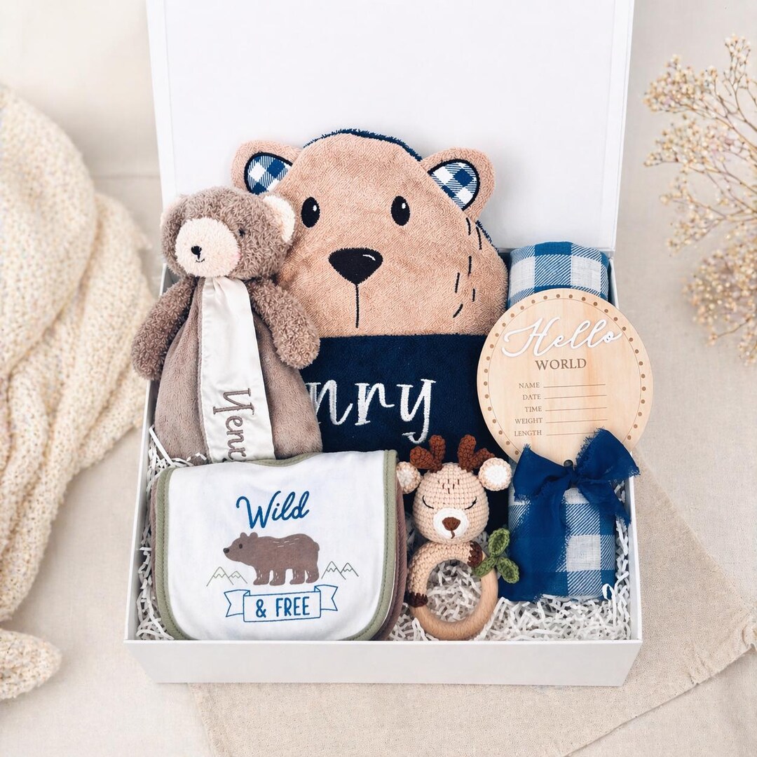 Personalized Baby Boy Gift Box | Teddy Bear Newborn Gift Set | Baby ...