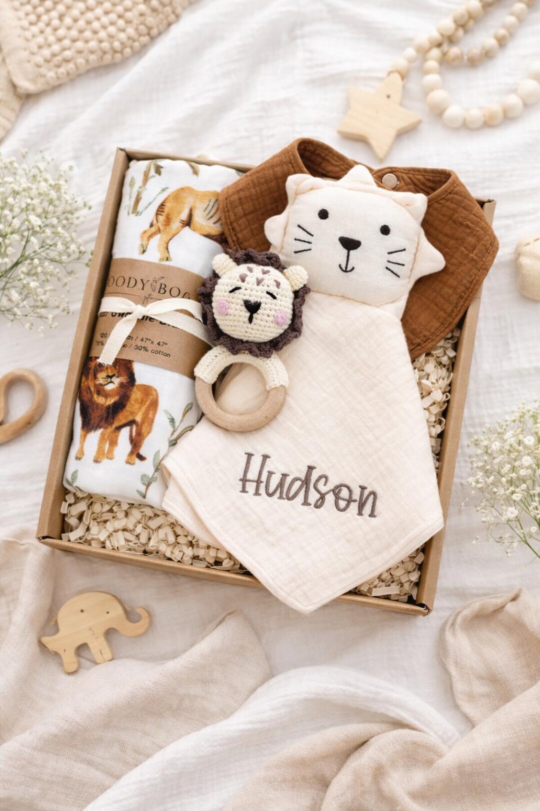 Personalized Lion Baby Gift Set, Organic Cotton Blanket, Muslin Swaddle ...
