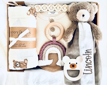 Personalized Baby Gift Set, Embroidered Teddy Bear, Organic Romper, Woodland Theme