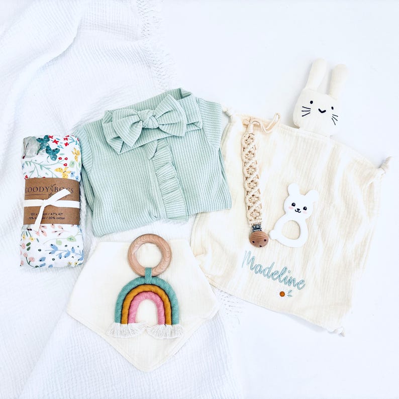 Baby Girl Gift Basket, Organic Cotton Bunny, Sage Romper - Etsy