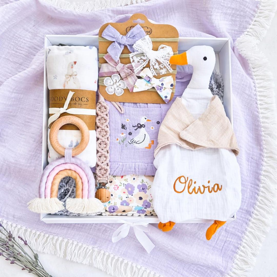 Embroidered Goose Baby Girl Gift Box – Organic Lovey, Romper, Keepsake ...