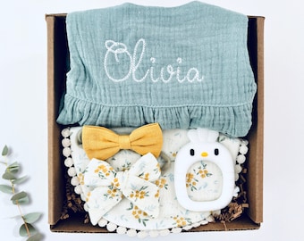 Pregnancy Gift  Newborn Baby Girl Gift  Baby Shower Gift Personalized Baby Girl Romper Floral Bib Set Baby Girl Gift Box