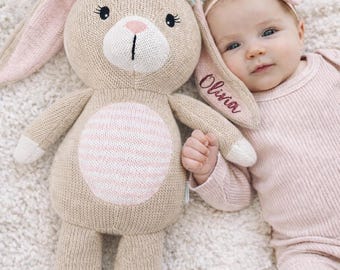 Personalized Plush Knitted Bunny Rattle Toy, Embroidered Stuffed Bunny
