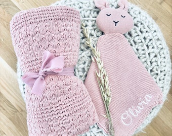 Gestickte Babydecke, Geschenk für Neugeborene Mädchen, Erbstück Strickdecke, Babydecke aus Bio-Baumwolle, Lovey Babydecke, Babygeschenk