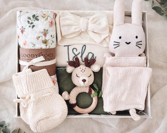 Woodland Baby Girl Gift Set, Embroidered Romper, Bunny Lovey