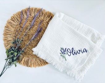 Coperta per bambini alla lavanda ricamata, coperta per bambini personalizzata, coperta con frange di mussola, coperta di mussola, coperta per bambini ricamata a mano