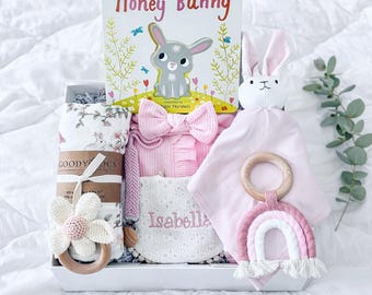 Woodland Baby Girl Gift Box, Personalized Bunny Security Blanket, New Parents Present