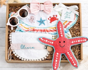 Beach Themed Personalized Baby Girl Gift Set, Crochet Starfish Rattle, Summer Baby Present