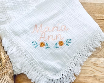 Personalized Baby Blanket, Muslin Fringe Blanket, Muslin Blanket, Hand Embroidered Baby Blanket, Baby Gift