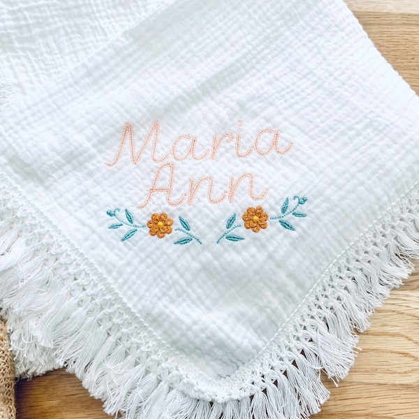 Personalized Baby Blanket, Muslin Fringe Blanket, Muslin Blanket, Hand Embroidered Baby Blanket, Baby Gift