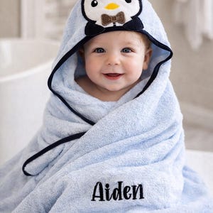 CLEARANCE ITEM, Personalized Penguin Hooded Baby Towel, Adorable Embroidered Baby Gift
