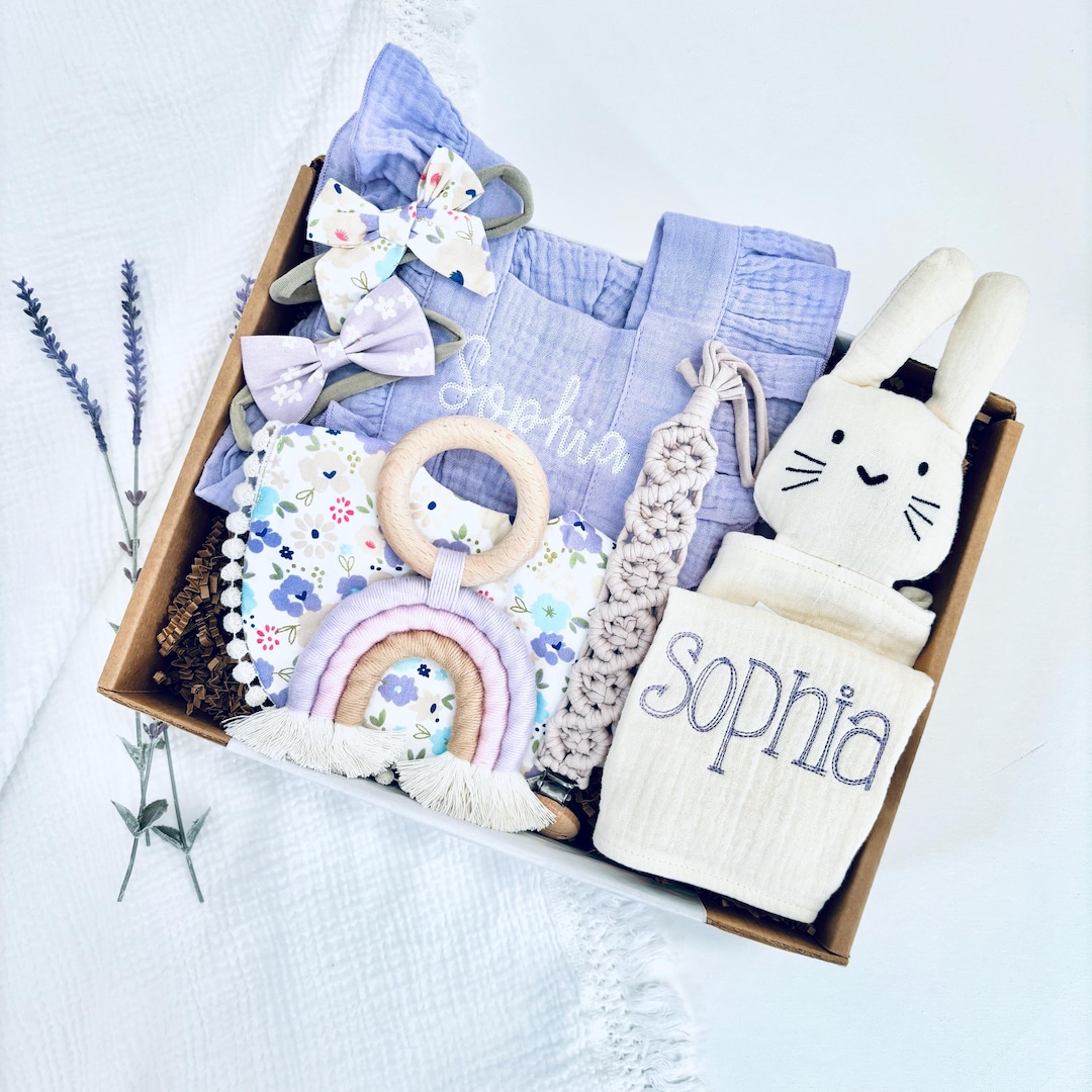 Embroidered Newborn Baby Girl Gift Box: Organic Cotton Romper, Bunny ...