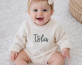 Personalized Gender Neutral Embroidered Cream Knit Sweater Bubble For Baby, Baby Shower Gift