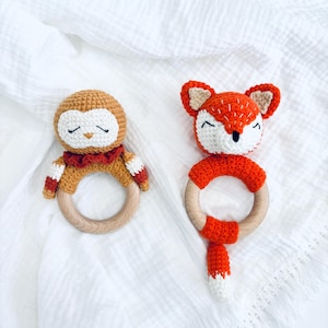 Adorable Whimsical Woodland Baby Fox and Owl Crochet Baby Rattles