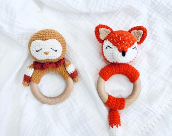 Adorable Whimsical Woodland Baby Fox and Owl Crochet Baby Rattles