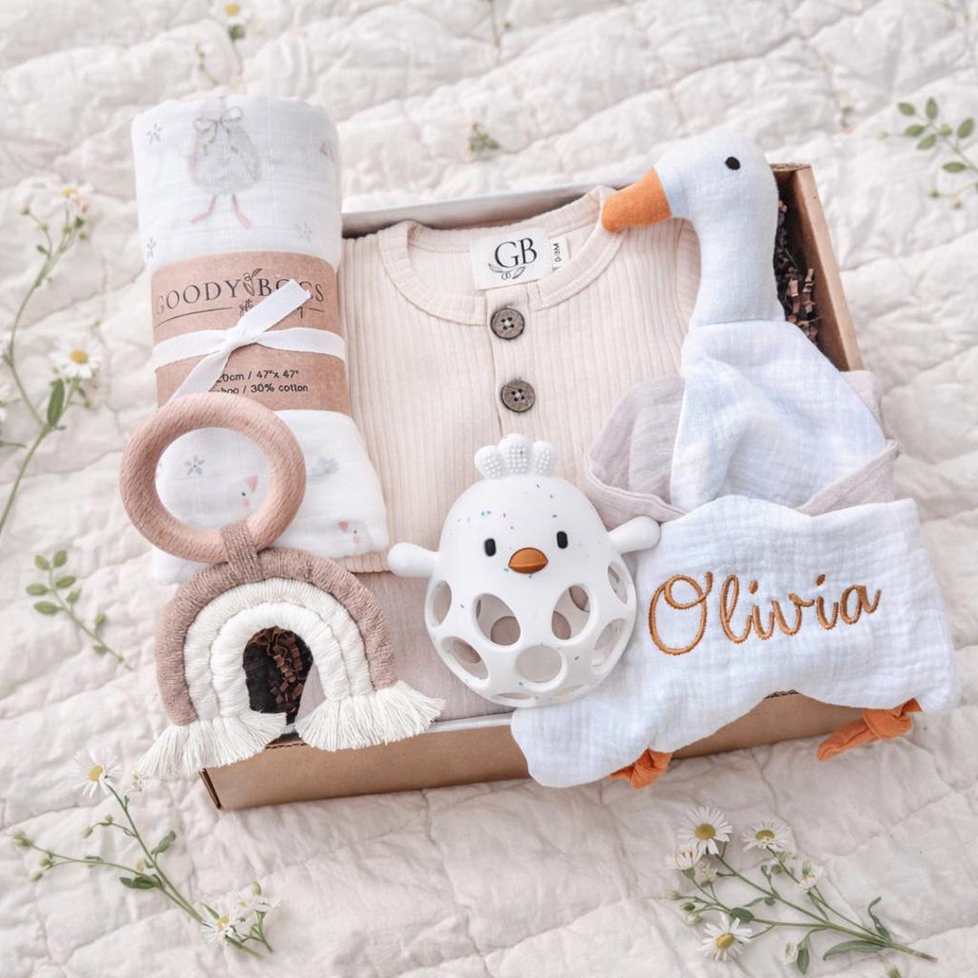Gender Neutral Baby Gift Basket, Personalized Goose Blanket, Unisex ...