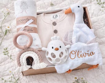 Gender Neutral Baby Gift Basket, Personalized Goose Blanket, Unisex Client Baby Present