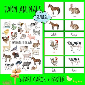 Aprenda los animales de granja en español: tarjetas de 3 partes y mini póster en formato PDF para niños, juego educativo para la educación en el hogar