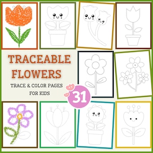 Op de afbeelding: Een verzameling van 31 traceerbare bloemen kleurplaten voor kinderen. De pagina's bevatten verschillende bloemontwerpen, waaronder omrande en gekleurde illustraties. De tekst "TRACEABLE FLOWERS" en "TRACE & COLOR PAGES FOR KIDS" wordt weergegeven.