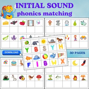 Schede didattiche per l'abbinamento delle lettere con i suoni iniziali / Attività di fonetica dell'alfabeto per la scuola materna e l'asilo / Schede di pratica per il riconoscimento delle lettere