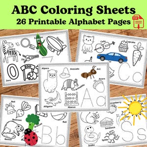 Hojas para colorear del abecedario imprimibles / Divertidas páginas para colorear del alfabeto de la A a la Z para preescolar y jardín de infancia / PDF educativo