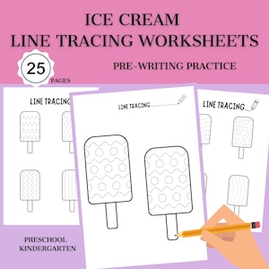 May include: Ice cream line tracing worksheets for preschool and kindergarten. The image shows pages with ice cream shapes for tracing practice. The worksheets include the text "Ice Cream Line Tracing Worksheets" and "Pre-Writing Practice".