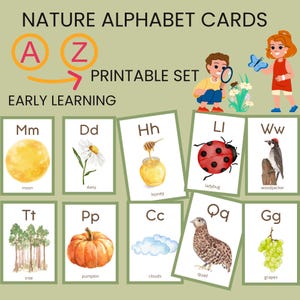 Natur Alphabet-Stickerkarten für Kinder | ABC Printable für Vorschule & Kindergarten | Aquarell Frühlern-Set PDF