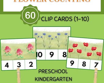 Schede con clip per contare da 1 a 10 per bambini in età prescolare / Attività di matematica stampabile con i fiori per contare (PDF)