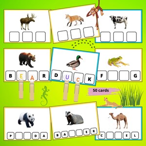 Juego de emparejar letras con animales / Tarjetas de actividades con pinzas de ropa / Kit de alfabetización preescolar
