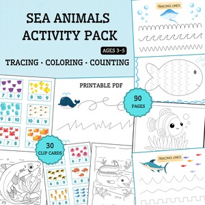 Op de afbeelding: Een afdrukbaar PDF-activiteitenpakket voor kinderen van 3-5 jaar, met zeedieren. Bevat traceer-, kleur- en telactiviteiten. Bevat 90 pagina's en 30 clipkaarten. De tekst "SEA ANIMALS ACTIVITY PACK" staat op de omslag.