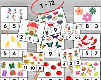 Count and Clip Cards, Numbers 1-12, Printable Digital Download, Homeschool, Preschool, Pre-K, Kindergarten Elementary math counting cards