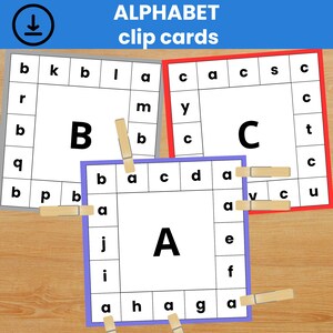 Tarjetas con clip para reconocer letras del alfabeto / Actividad de emparejamiento para niños pequeños y preescolares