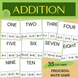 Simple Addition Cards with Number Words | Printable Clip Cards for Preschool & Kindergarten Math Practice