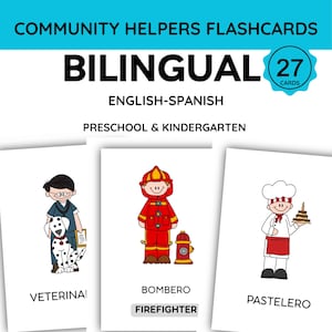 Puede incluir: Un juego de 27 tarjetas didácticas bilingües inglés-español sobre profesiones para preescolar y jardín de infancia. Las tarjetas muestran ilustraciones de un veterinario con un perro, un bombero con un hidrante y un pastelero con un pastel.