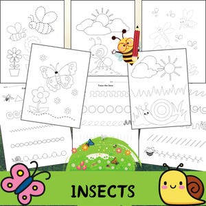 May include: A collection of insect-themed tracing and coloring pages. The pages feature outlines of insects, flowers, and other nature elements. A cute cartoon bee holds a red pencil. The word "INSECTS" is written in large, bold letters.