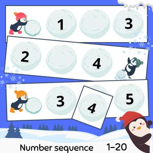 May include: A blue educational chart with a winter theme. It features a number sequence from 1 to 5, represented by snowballs. Cartoon penguins are shown rolling snowballs. The text "Number sequence 1-20" is at the bottom.