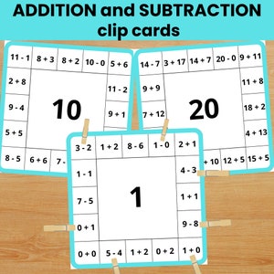Addition Subtraction Clip Cards 1–20 | Montessori Math Flashcards PDF | Homeschool Practice for First Grade, Kindergarten