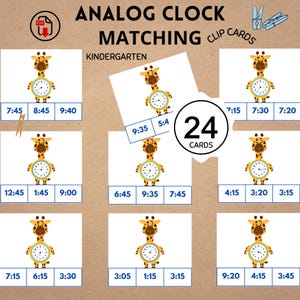 May include: A set of 24 analogue clock matching clip cards for kindergarten featuring a cartoon giraffe holding a clock. Each card displays a giraffe with a clock face and three time options below. The text reads ANALOG CLOCK MATCHING CLIP CARDS.