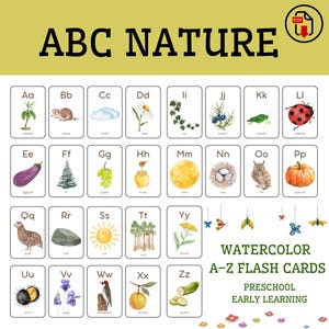 ABC Natur Printables für Kinder | Aquarell Alphabet Bildkarten A–Z | Vorschule Lernbriefe PDF
