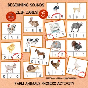 Tarjetas con sonidos iniciales / Alfabeto fonético imprimible / Actividad preescolar de animales de granja