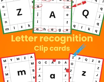 May include: Educational letter recognition clip cards with the letters Z, A, Q, m, and a. Each card features a large letter in the center, surrounded by smaller letters. The cards are designed for early learning and literacy development.