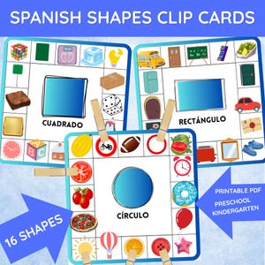 Puede incluir: Tres tarjetas educativas cuadradas tituladas SPANISH SHAPES CLIP CARDS, CUADRADO, RECTÁNGULO y CÍRCULO. Cada tarjeta presenta una forma central e ilustraciones de objetos como un cubo, autobús, tomate y pizza, con pinzas de madera sujetas.